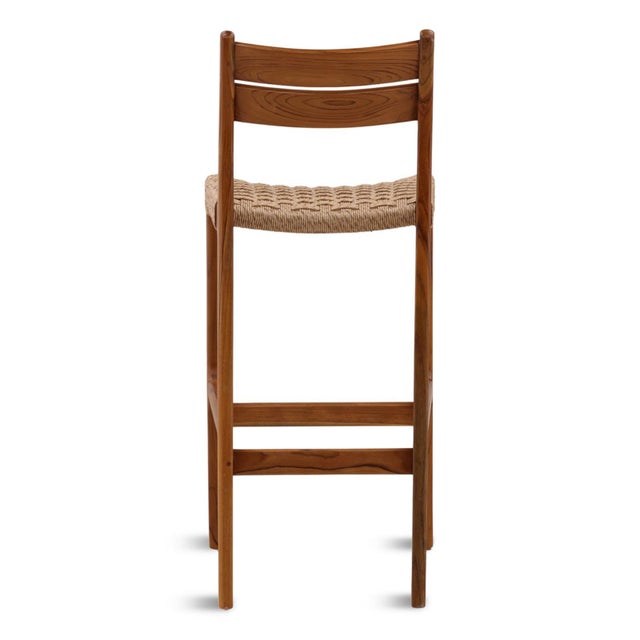 Coastal Modern Teak & Woven Seat Outdoor Bar Stool For Sale - Image 4 of 5