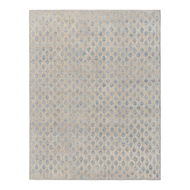 Rug & Kilim’s Modern Block Print Rug in White with Blue Floral Patterns - 10x14 For Sale