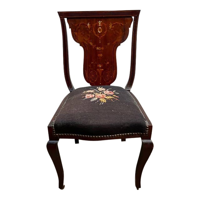 19th Century Antique Victorian Style Mahogany Marquetry Inlaid Needlepoint Side Chair For Sale