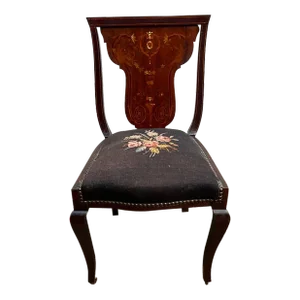 19th Century Antique Victorian Style Mahogany Marquetry Inlaid Needlepoint Side Chair