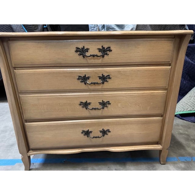 French Provincial Vintage French Provincial Three-Drawer Commode- Light Wood Finish For Sale - Image 3 of 6