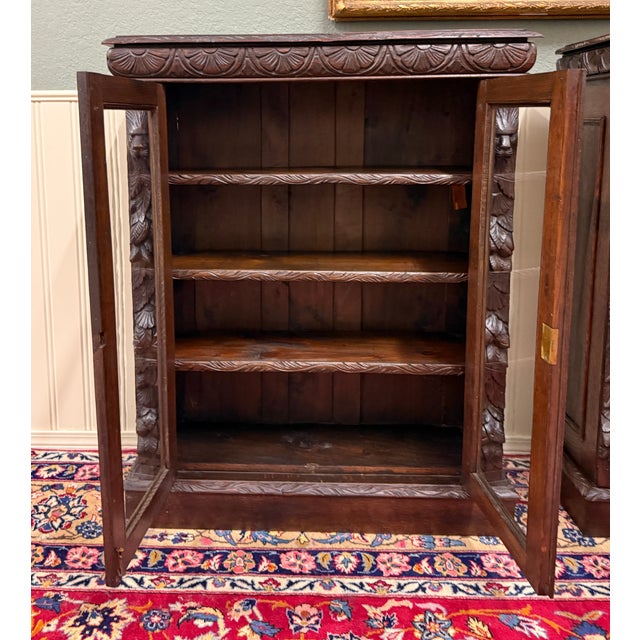 Antique French Pair of Renaissance Carved Bookcases Display Cabinets Oak c.1900 For Sale - Image 10 of 18
