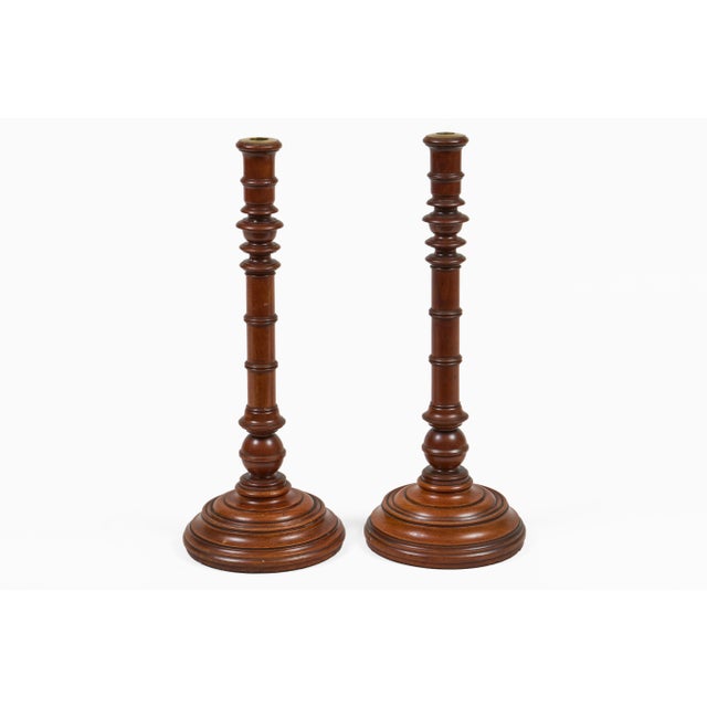 Antique Pair Mahogany Tall Turned Candlesticks For Sale - Image 4 of 7