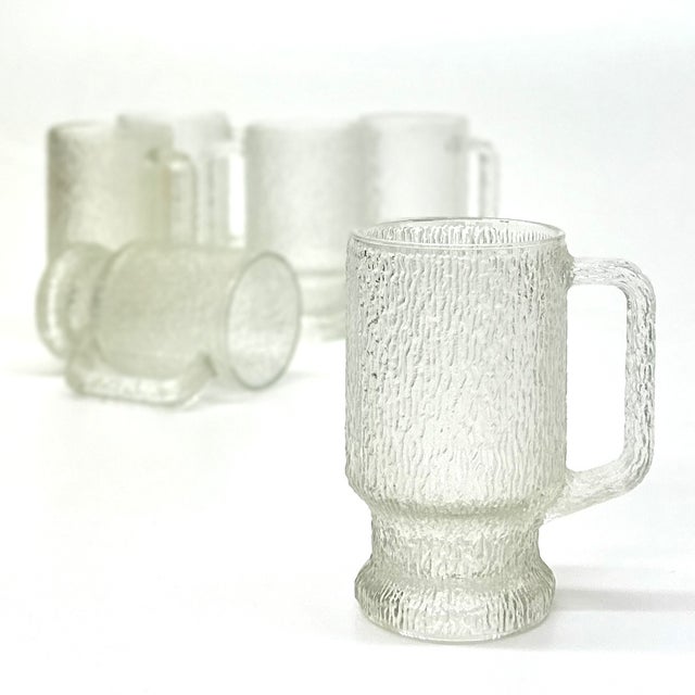 Mid-Century Modern MCM Frosty Textured Glass Beer Mugs by Anchor Hocking Usa - Set of 6 For Sale - Image 3 of 6