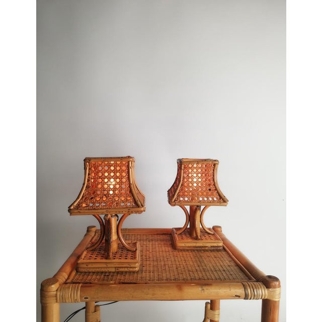 Mid-Century Bedside Table Lamps in Rattan and Wicker Cane Webbing, Italy, 1960s, Set of 2 For Sale - Image 10 of 18