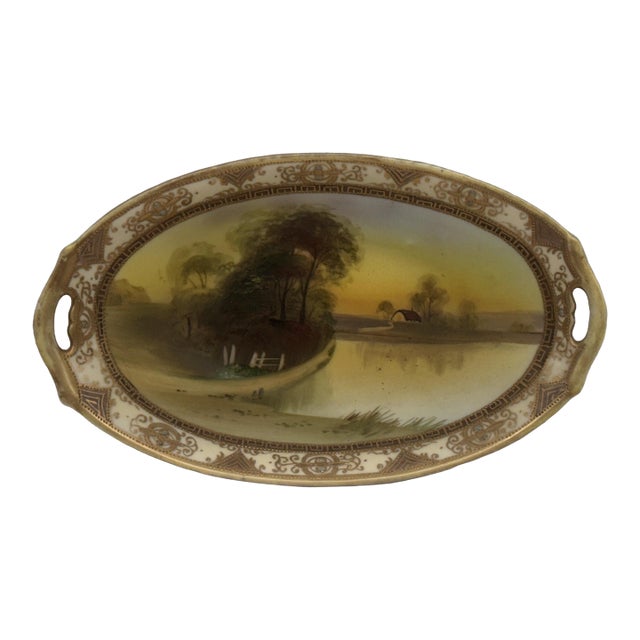 Antique Japanese Hand-Painted Nippon Plate by Morimura Brothers, Rural Lake Scene, C. 1911–1921 For Sale
