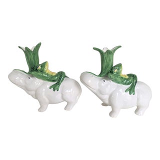 Vintage Italian Palm Beach Style Majolica Frog on Hippo Tulip Candle Holders - a Pair (#2 of 2 Listed) For Sale