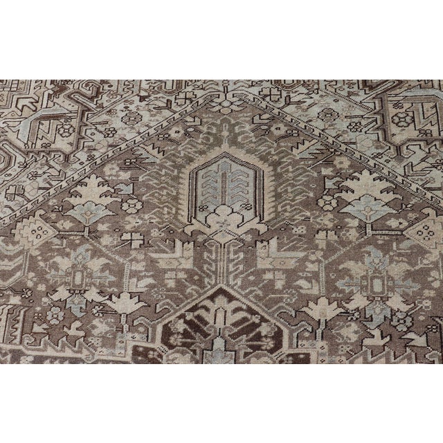 Ivory Antique Persian Heriz Rug With Geometric Medallion and Soft Neutral Tones For Sale - Image 8 of 15