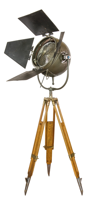 Model 612 The Sputnik Movie Spotlight on Wooden 101 Ama Tripod Floor Lamp by Mole Richardson, 1950s