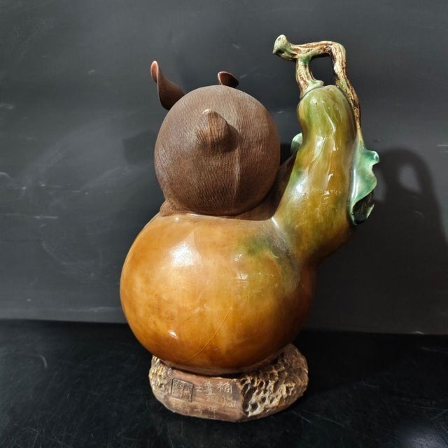 Vintage Shiwan Kiln Glazed Rabbit Emerging From Gourd Statue For Sale - Image 4 of 6