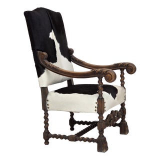 Danish Highback Armchair in Cowhide and Oak Wood, 1950s For Sale
