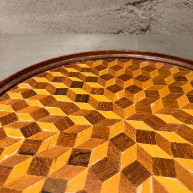 Antique Round Service Tray or Tabletop Geometric Parquetry Wood For Sale - Image 4 of 10
