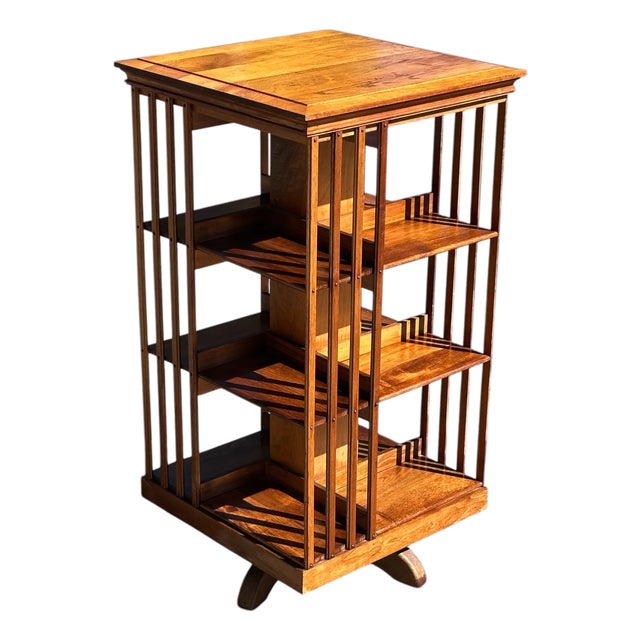 Antique Arts & Crafts Walnut Three Tier Revolving Bookcase Excellent Condition For Sale