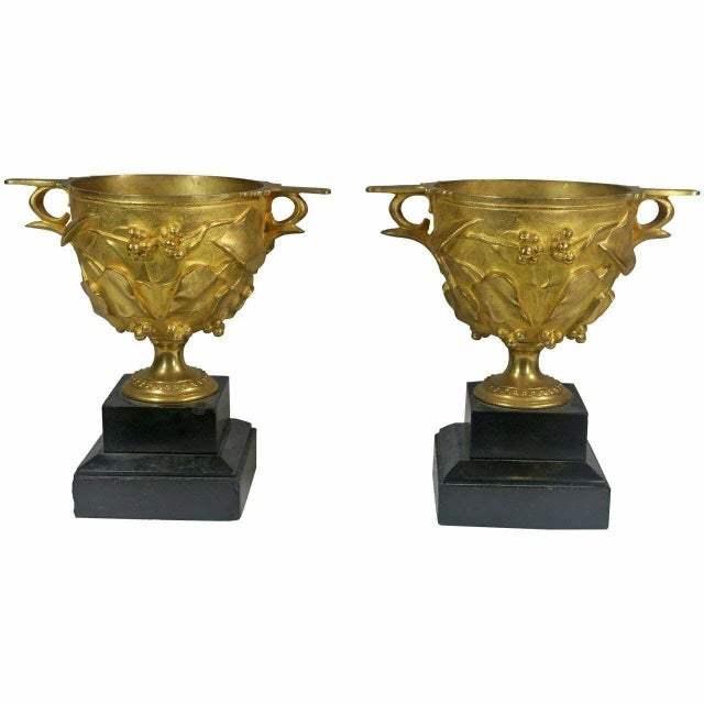 Circa 1830 Pompeii Inspired Decorated Urns of Gilt Bronze-Vine Leaves on Stone Bases- A Pair For Sale - Image 9 of 9