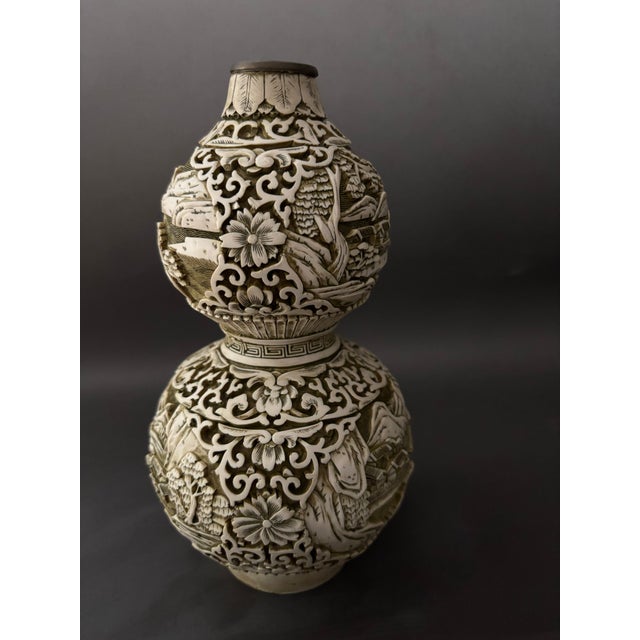 Chinese Vintage Chinese Style Carved White Cinnabar Resin Double Gourd Vase Faux Ivory For Sale - Image 3 of 8