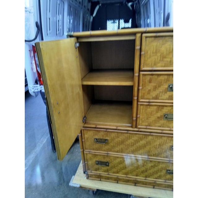 Mid-Century Modern Vintage Dixie Rattan & Wicker Armoire With Brass Handles For Sale - Image 3 of 10