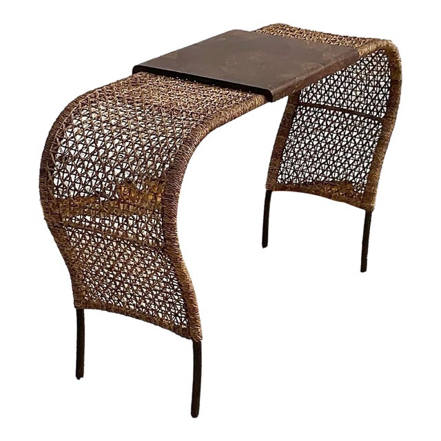 Vintage Coastal Woven Rattan and Pen Shell Console Table For Sale