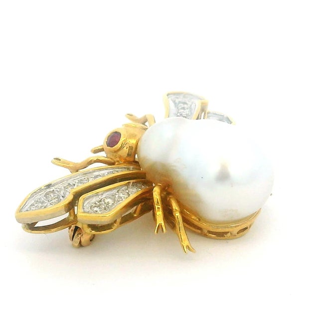 Italian 18k Gold Bee Brooch With Pearl, Diamonds & Rubies, 1970s For Sale - Image 10 of 15