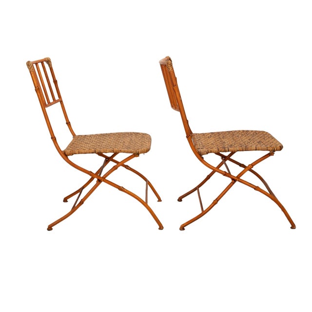 1960s Mid Century Pair of French Iron Faux Bamboo & Wicker Folding Chairs - A Pair For Sale - Image 5 of 12