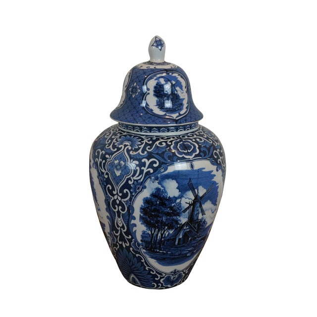 Rustic European Set of 2 Vintage Delft Holland Lidded Blue Windmill Urns Mantel Vases Ginger Jars For Sale - Image 3 of 12