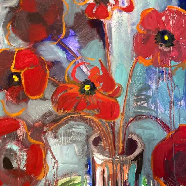 Contemporary original abstract expressionist red poppies still life painting on canvas. Signed and framed. Measures 24x36...