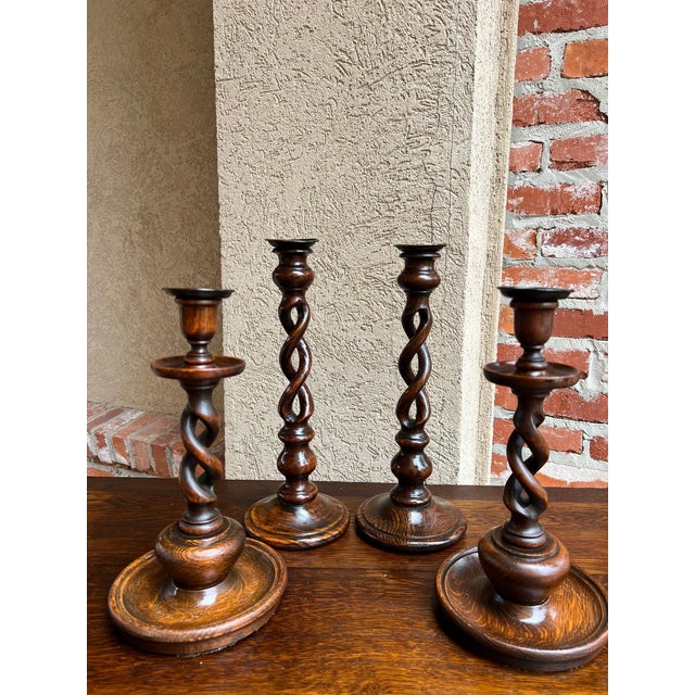 Brown Antique English Oak Open Barley Twist Candlesticks Jacobean Pair C1860 12.5” For Sale - Image 8 of 18