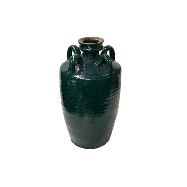 1990s Vintage Dark Green Glaze Slim Round Jar Shape Pottery Ceramic Pot Vase For Sale - Image 5 of 5