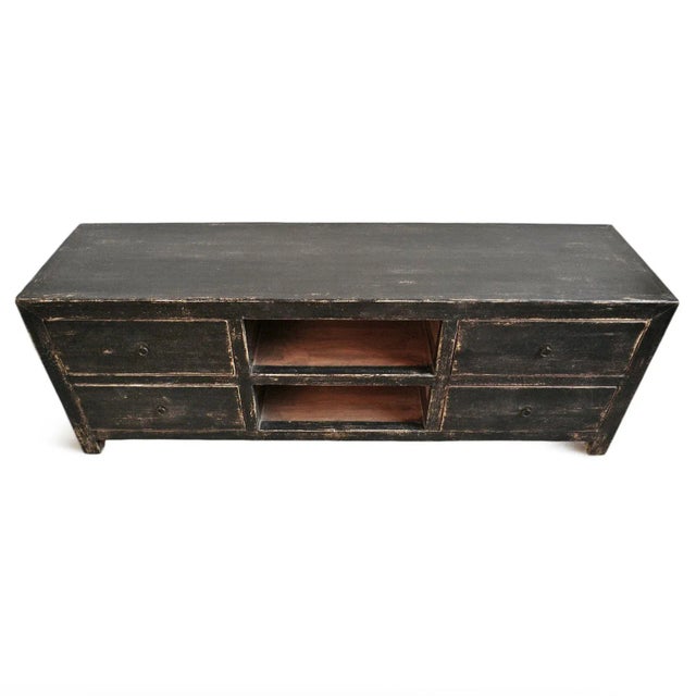Modern rustic distressed black finish solid wood media cabinet. Simple classic design to fit in a wide variety of interior...