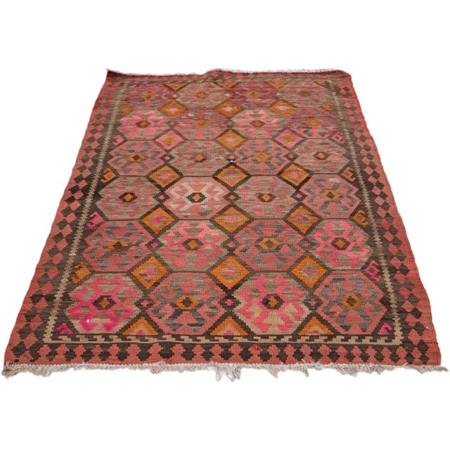 Tribal Mid-20th Century Turkish Kilim Pink Handmade Geometric Wool Rug For Sale - Image 3 of 10