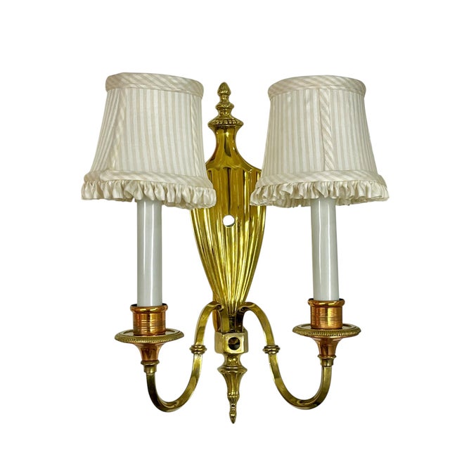 Late 20th Century Vintage Pair of Brass & Copper Neoclassical Double-Arm Wall Sconces With Pleated Silk Shades For Sale - Image 5 of 18