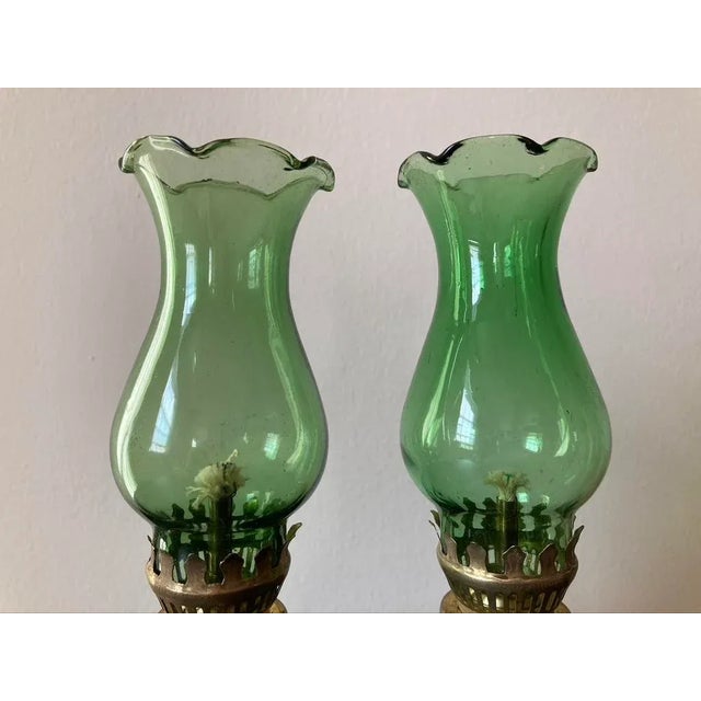 Asian Green Glass Table Oil Lamps, Set of 2 For Sale - Image 4 of 12