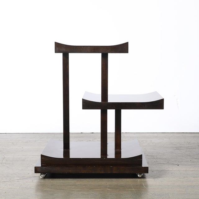 Art Deco Rectilinear Swooping Three Tier Walnut Offset Side Table W/ Plinth Base For Sale - Image 12 of 15