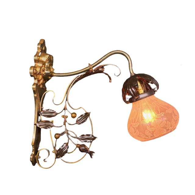 1900 Art Nouveau Brass and Copper Sconces With Antique Floral Irridescent Shades #2618 - a Pair For Sale - Image 4 of 14