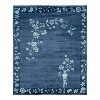Contemporary Chinese Deco Style Floral Navy & Blue Wool Rug by Rug & Kilim India For Sale
