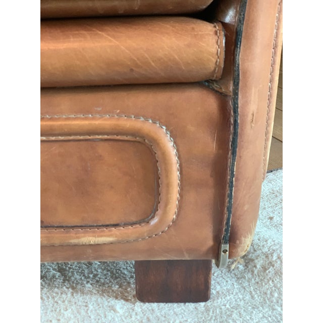 Chestnut Pair Large-Scale French 1970s Cognac Saddle Leather Armchairs For Sale - Image 8 of 18