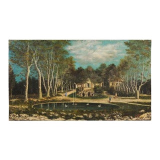 19th Century French Hamlet with Circular Fountain Oil on Canvas Painting For Sale