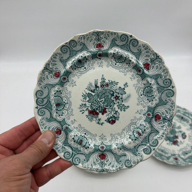Set of 6 Antique English Adams Green & Red Transferware "Jacobean" Plates For Sale - Image 9 of 12
