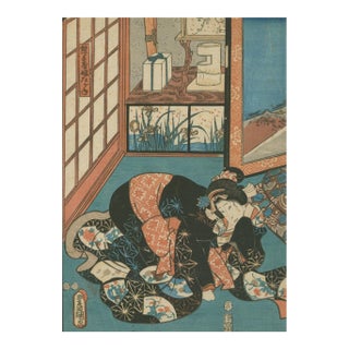 Utagawa School – Women Resting in a Japanese Interior 1850's– Color Woodblock Print For Sale