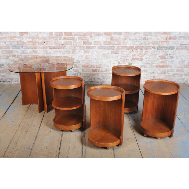 Mid-Century Modern Nesting Table in Oak and Smoked Glass, Czech, 1960s, Set of 5 For Sale - Image 10 of 11