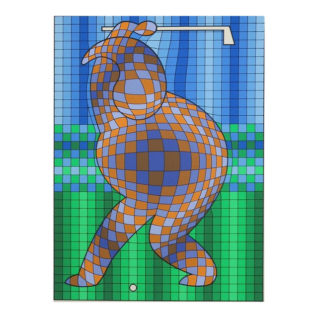 Op-Art Victor Vasarely the Golfer LTD Serigraph, Hand Signed Art LTD Green Blue For Sale