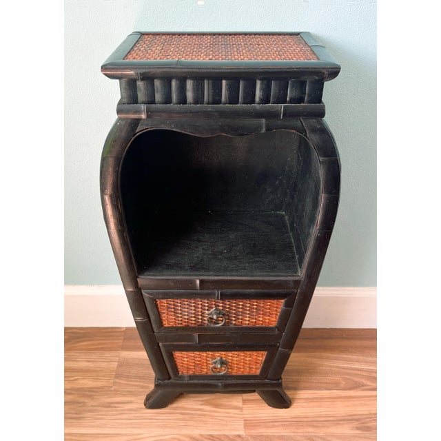 Chinoiserie Vintage Ebonized Black Bamboo & Woven Rattan Two-Drawer Cabinet – Chinoiserie / British Colonial For Sale - Image 3 of 13