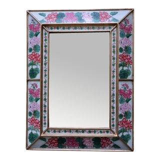 1960s Italian Reverse-Painted Geranium Glass Giltwood Mirror For Sale