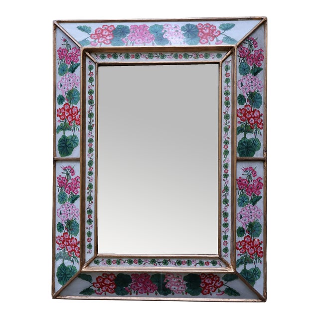 1960s Italian Reverse-Painted Geranium Glass Giltwood Mirror For Sale