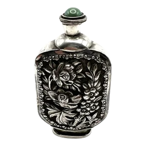 Antique Nephite Jade Encased in SIlver Snuff Bottle With Peonies