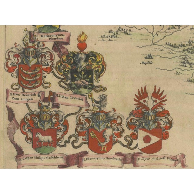 Engraved Map of Frankfurt with Decorative Coats of Arms from Blaeus, 1663 For Sale - Image 4 of 10