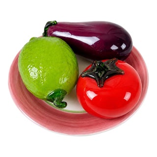 Vintage Art Glass Fruit Centerpiece on Portuguese Plate Tomato Lemon Eggplant For Sale