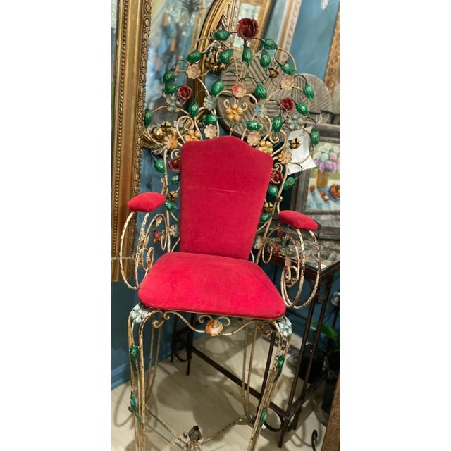Vintage Ornate French Iron Artist's Chaise Seats From Lyon, France, Colorful Rose, Flowers & Leaves Motif- Set of 2 For Sale - Image 4 of 7