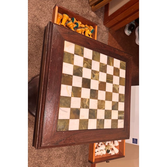 Vintage Argentine Marble & Wood Chess Game Table With Storage Drawers and Original Marble Pieces For Sale - Image 10 of 12
