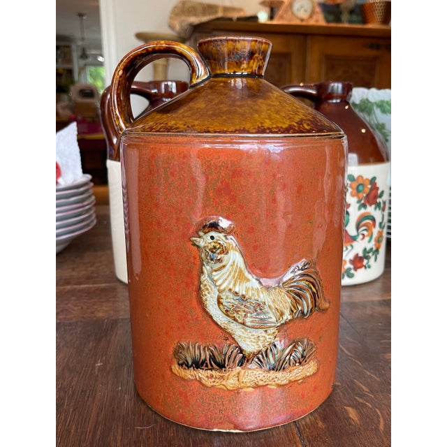 Brick Red Mid 20th Century Vintage Stoneware Ceramic Two-Toned Gloss Glazed Red & Brown Whiskey Jug Rooster Relief Motif Farmhouse Country For Sale - Image 8 of 8