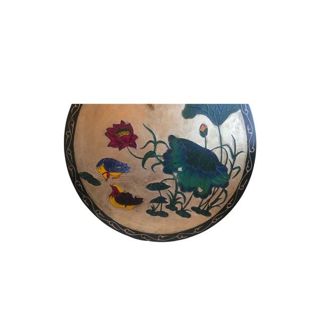 Wood Hand‑Painted Kingfisher & Lotus Gold Leaf Lacquer Panel — 30″ Round For Sale - Image 7 of 10